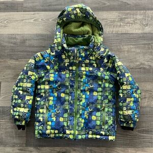 Kamik Winter Snow Coat Jacket Kids Size 4 Blue Green Yellow Hooded Fleece Lined